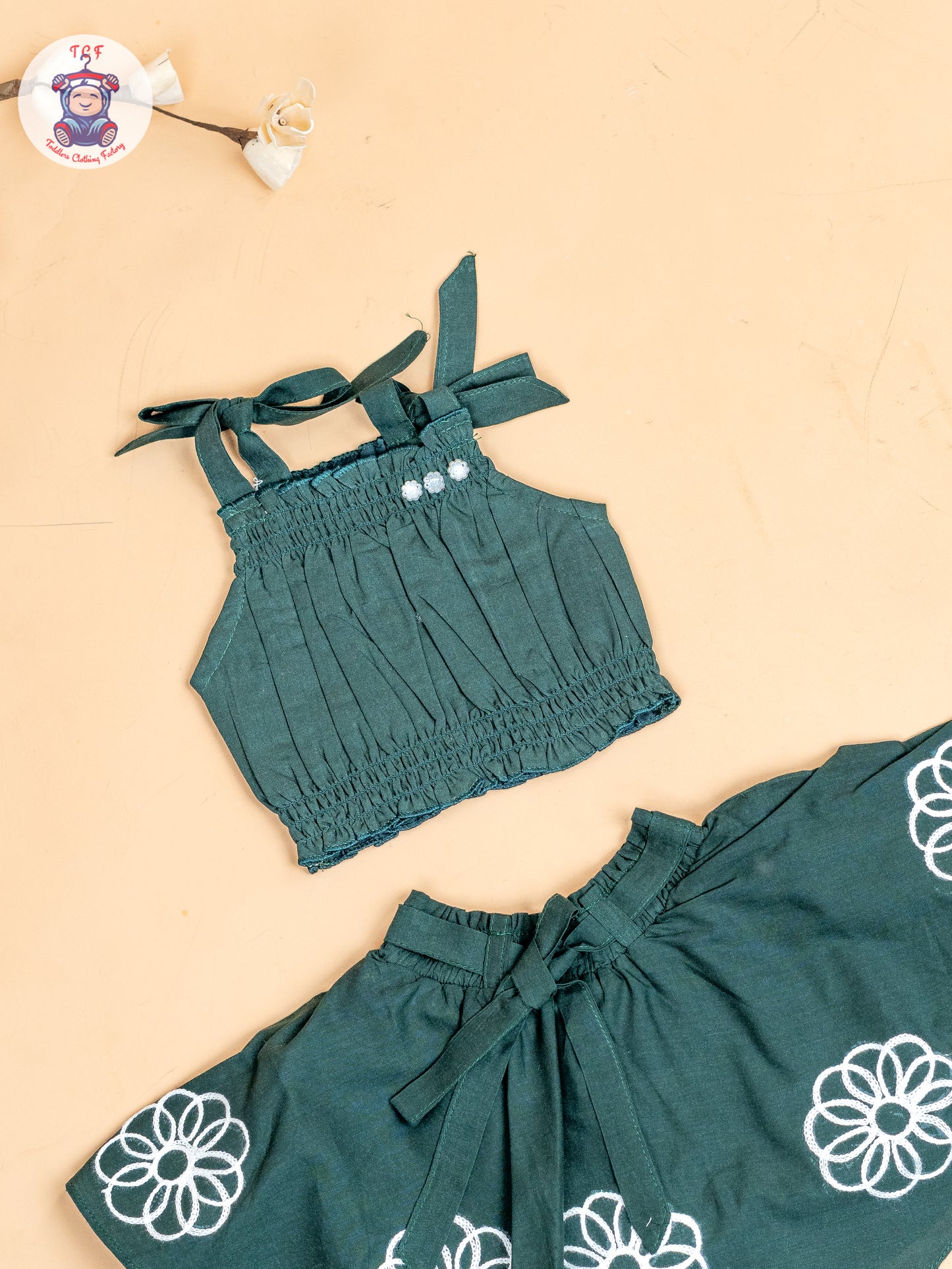 Bottle Green - Girls Embroidered Crop Top & Skirt
