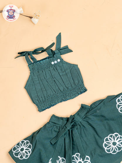 Bottle Green - Girls Embroidered Crop Top & Skirt
