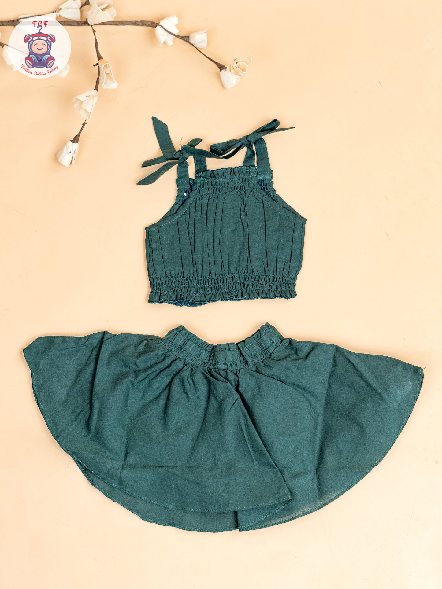 Bottle Green - Girls Embroidered Crop Top & Skirt