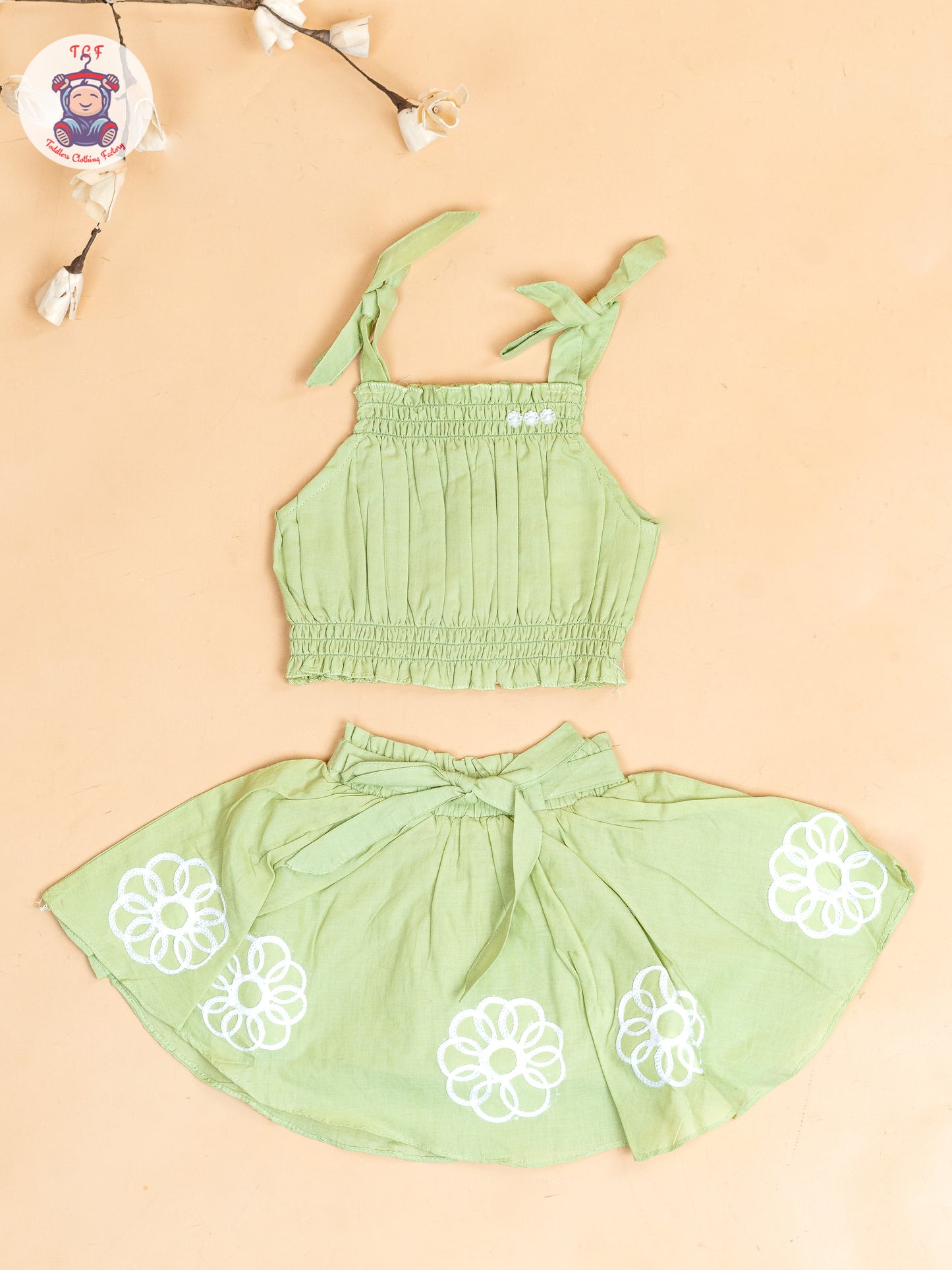 Pista Green - Girls Embroidered Crop Top & Skirt