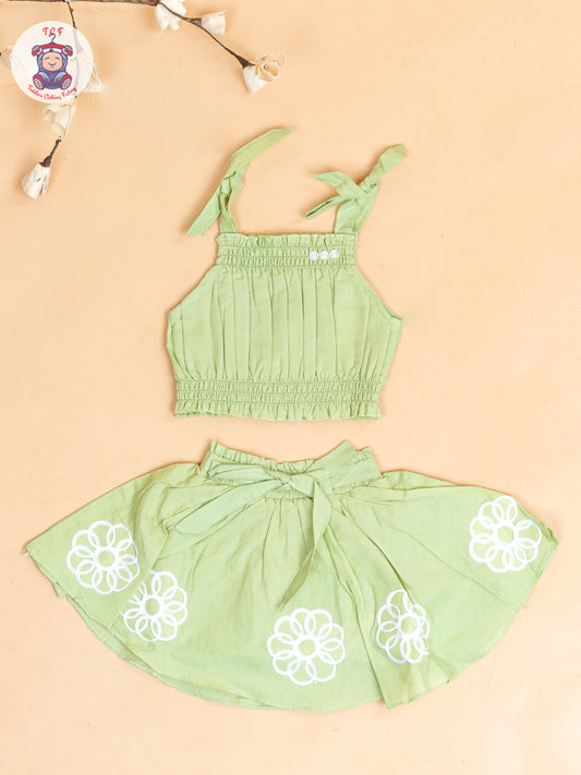 Pista Green - Girls Embroidered Crop Top & Skirt