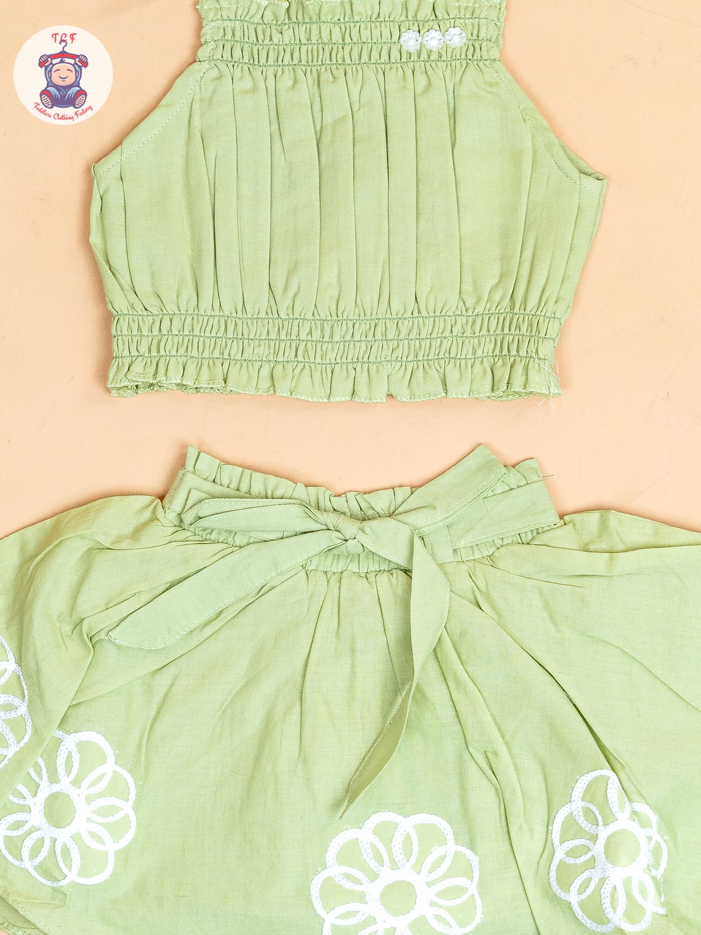 Pista Green - Girls Embroidered Crop Top & Skirt