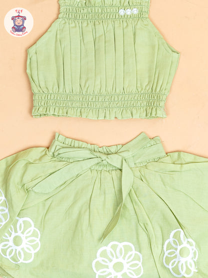 Pista Green - Girls Embroidered Crop Top & Skirt