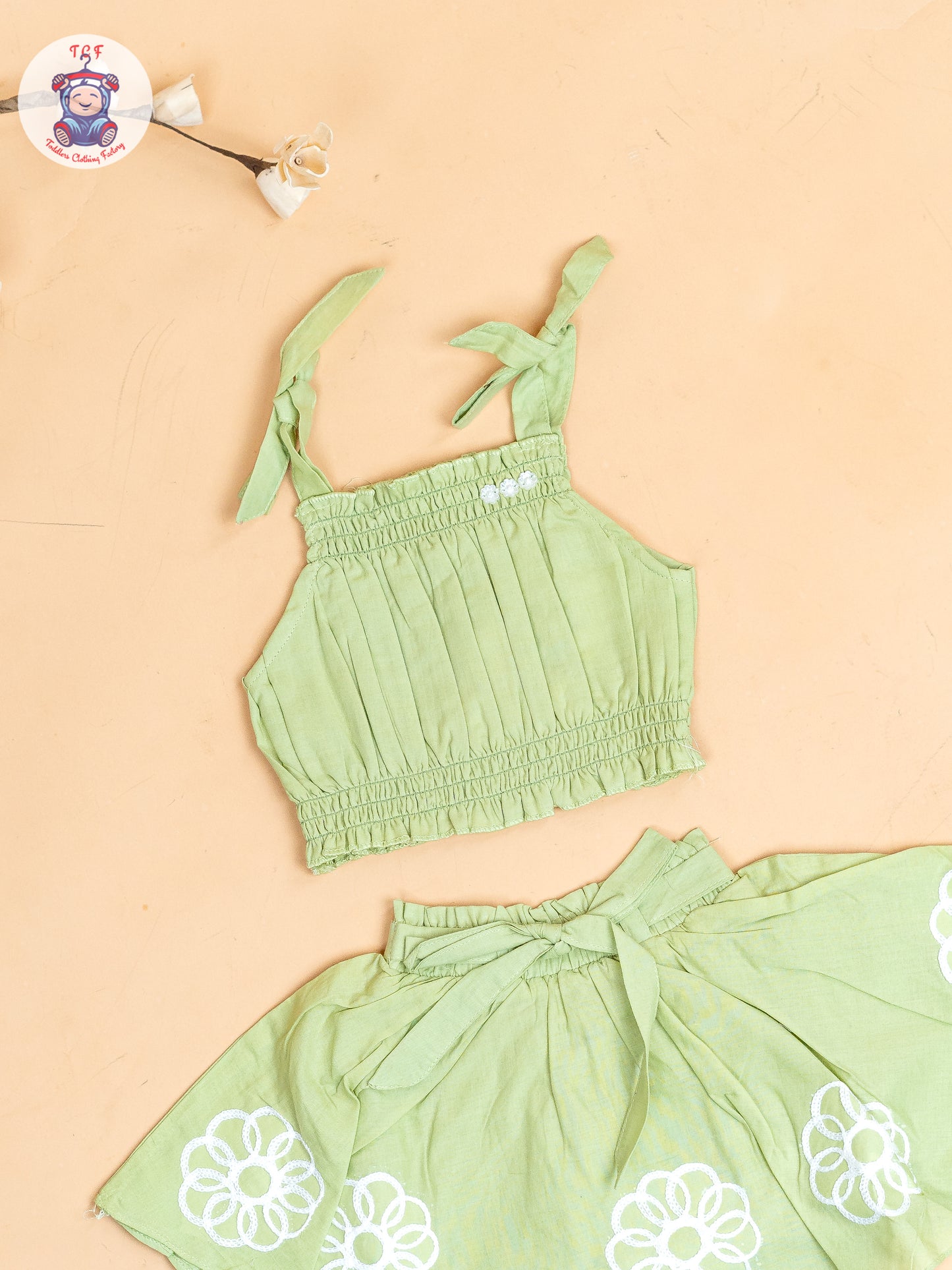Pista Green - Girls Embroidered Crop Top & Skirt