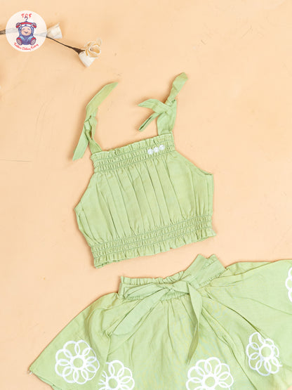 Pista Green - Girls Embroidered Crop Top & Skirt