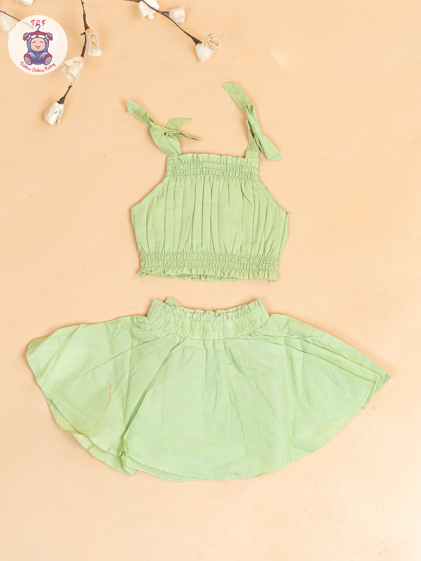 Pista Green - Girls Embroidered Crop Top & Skirt