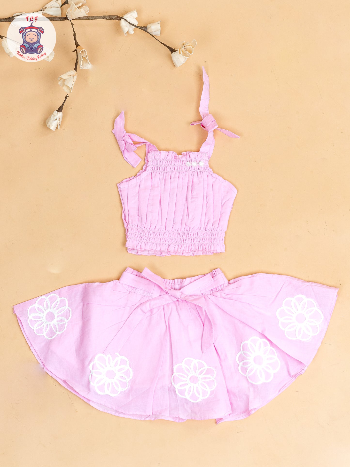 Baby Pink - Girls Embroidered Crop Top & Skirt