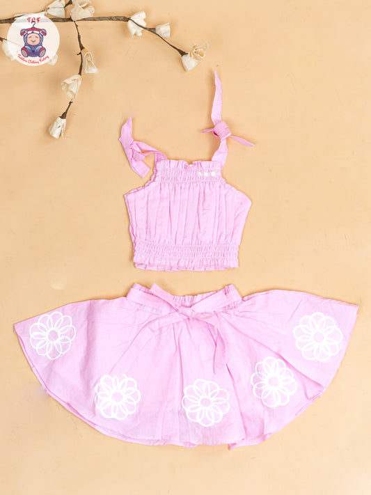 Baby Pink - Girls Embroidered Crop Top & Skirt