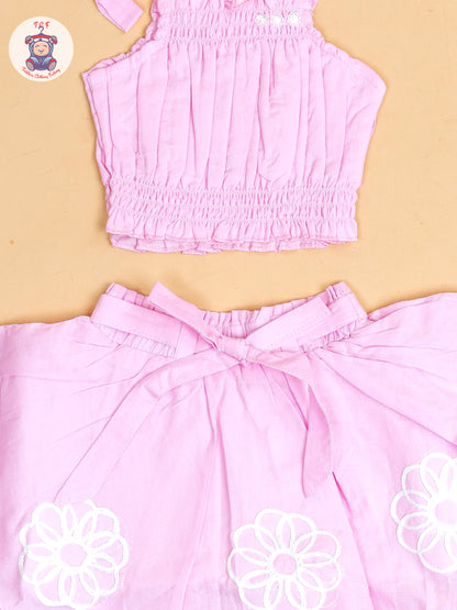 Baby Pink - Girls Embroidered Crop Top & Skirt
