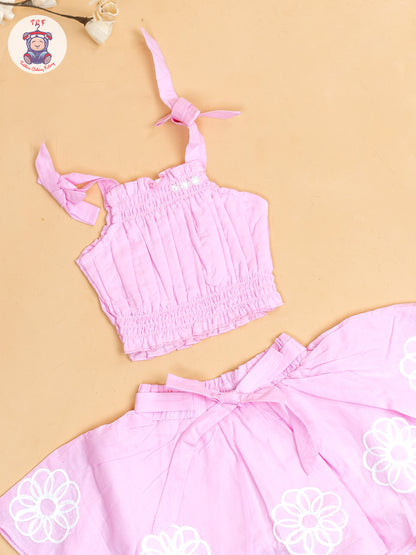 Baby Pink - Girls Embroidered Crop Top & Skirt