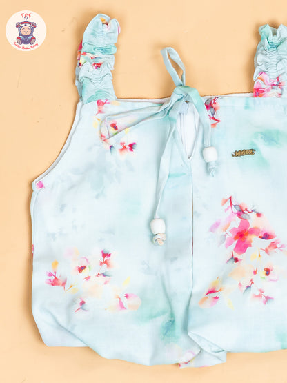 Sky Blue - Girls Floral Printed Crop Top & Ballon Pant