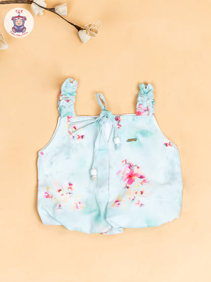 Sky Blue - Girls Floral Printed Crop Top & Ballon Pant