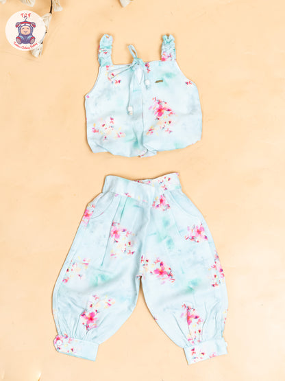 Sky Blue - Girls Floral Printed Crop Top & Ballon Pant
