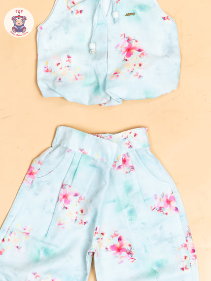 Sky Blue - Girls Floral Printed Crop Top & Ballon Pant