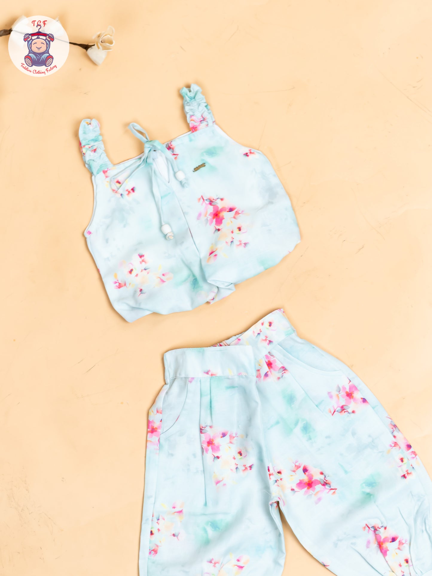 Sky Blue - Girls Floral Printed Crop Top & Ballon Pant