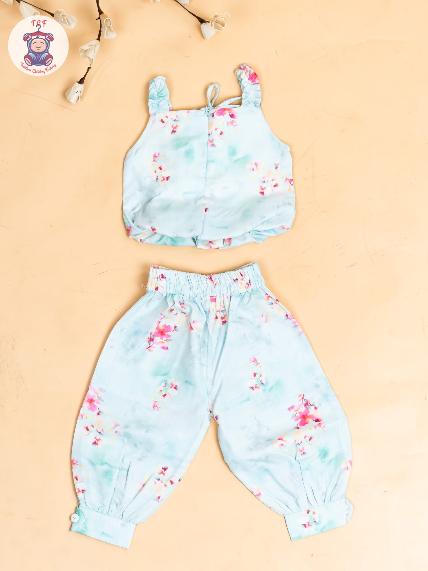 Sky Blue - Girls Floral Printed Crop Top & Ballon Pant