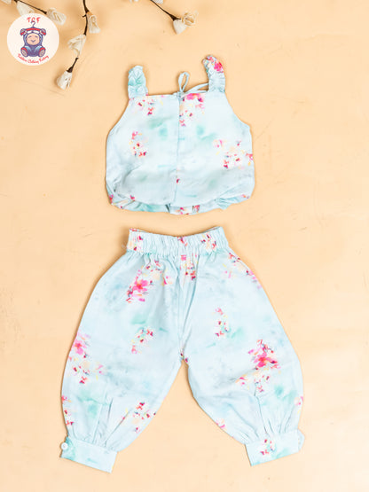 Sky Blue - Girls Floral Printed Crop Top & Ballon Pant