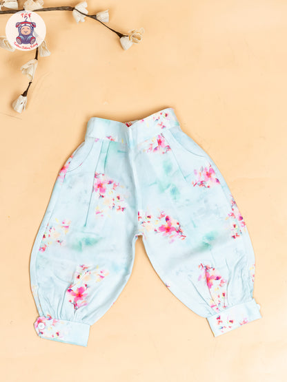 Sky Blue - Girls Floral Printed Crop Top & Ballon Pant
