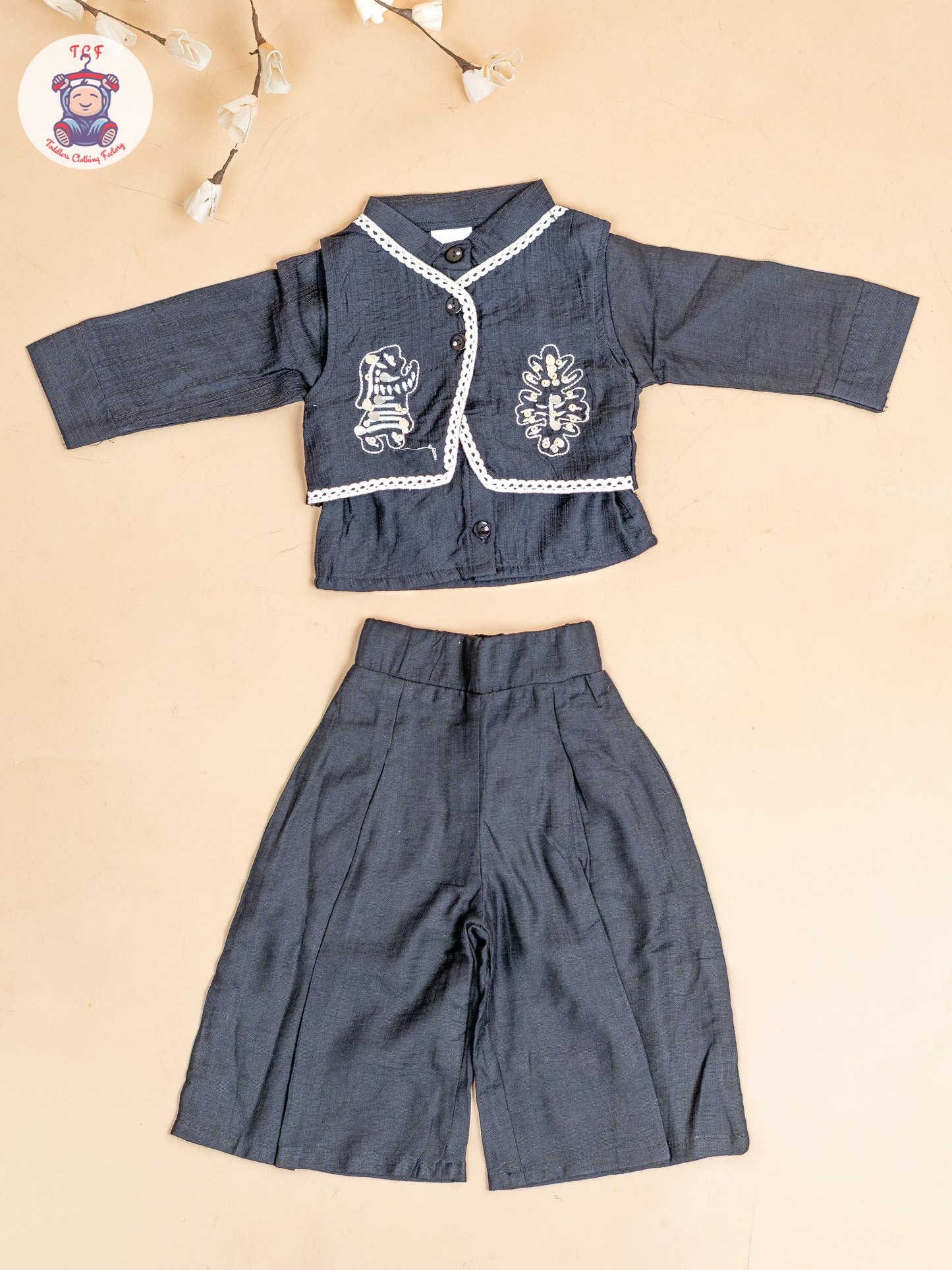 Black - Girls Cotton Thread Embrodiery Work Co-ords Sets
