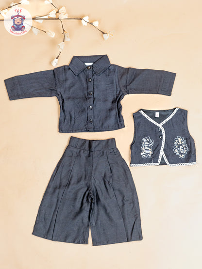 Black - Girls Cotton Thread Embrodiery Work Co-ords Sets