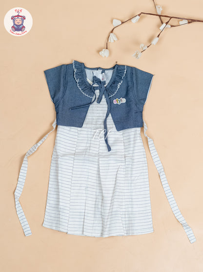 White & Denim blue - Girls Readymade Cotton Frocks