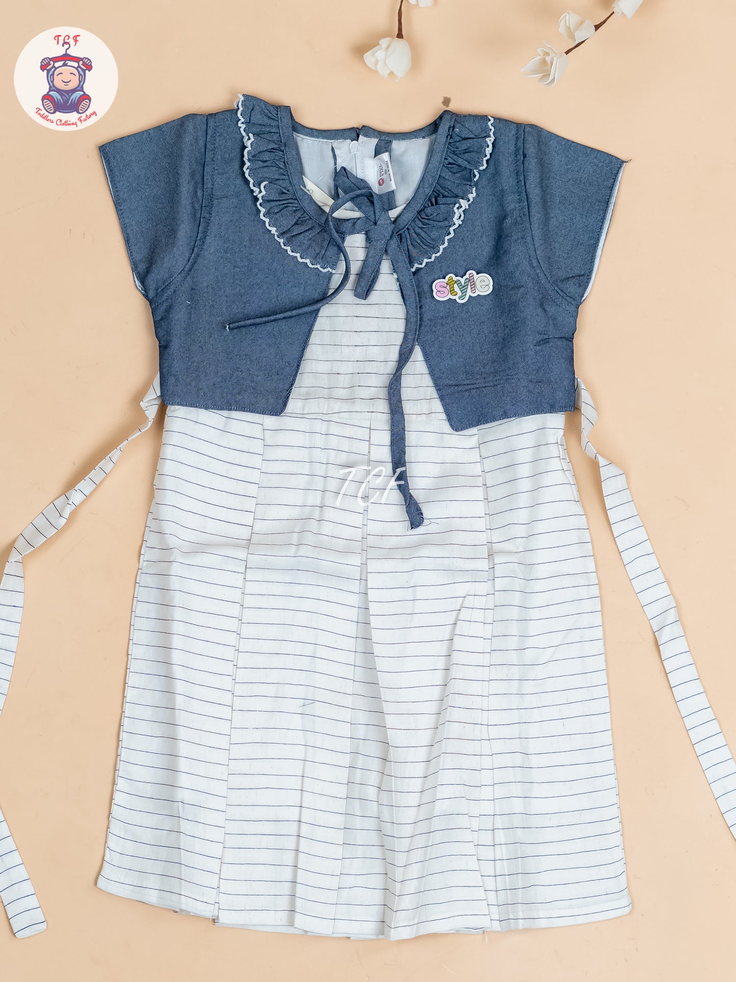 White & Denim blue - Girls Readymade Cotton Frocks