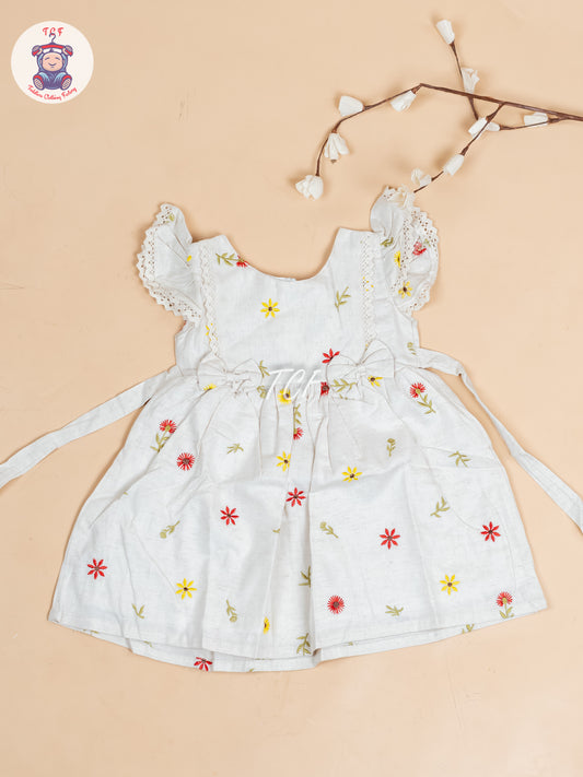 Cream Floral Printed - Girls Readymade Cotton Frocks