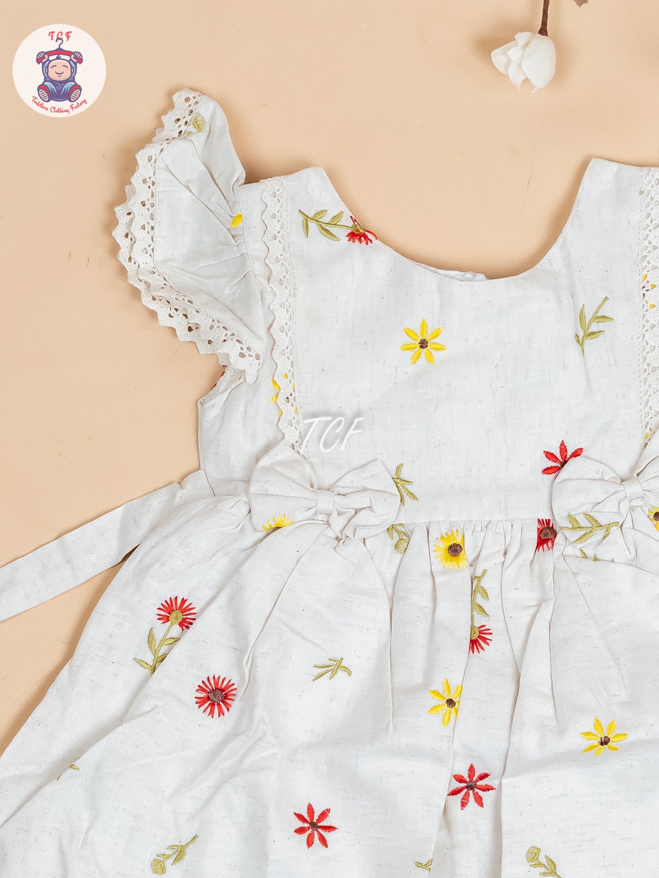 Cream Floral Printed - Girls Readymade Cotton Frocks