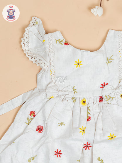 Cream Floral Printed - Girls Readymade Cotton Frocks