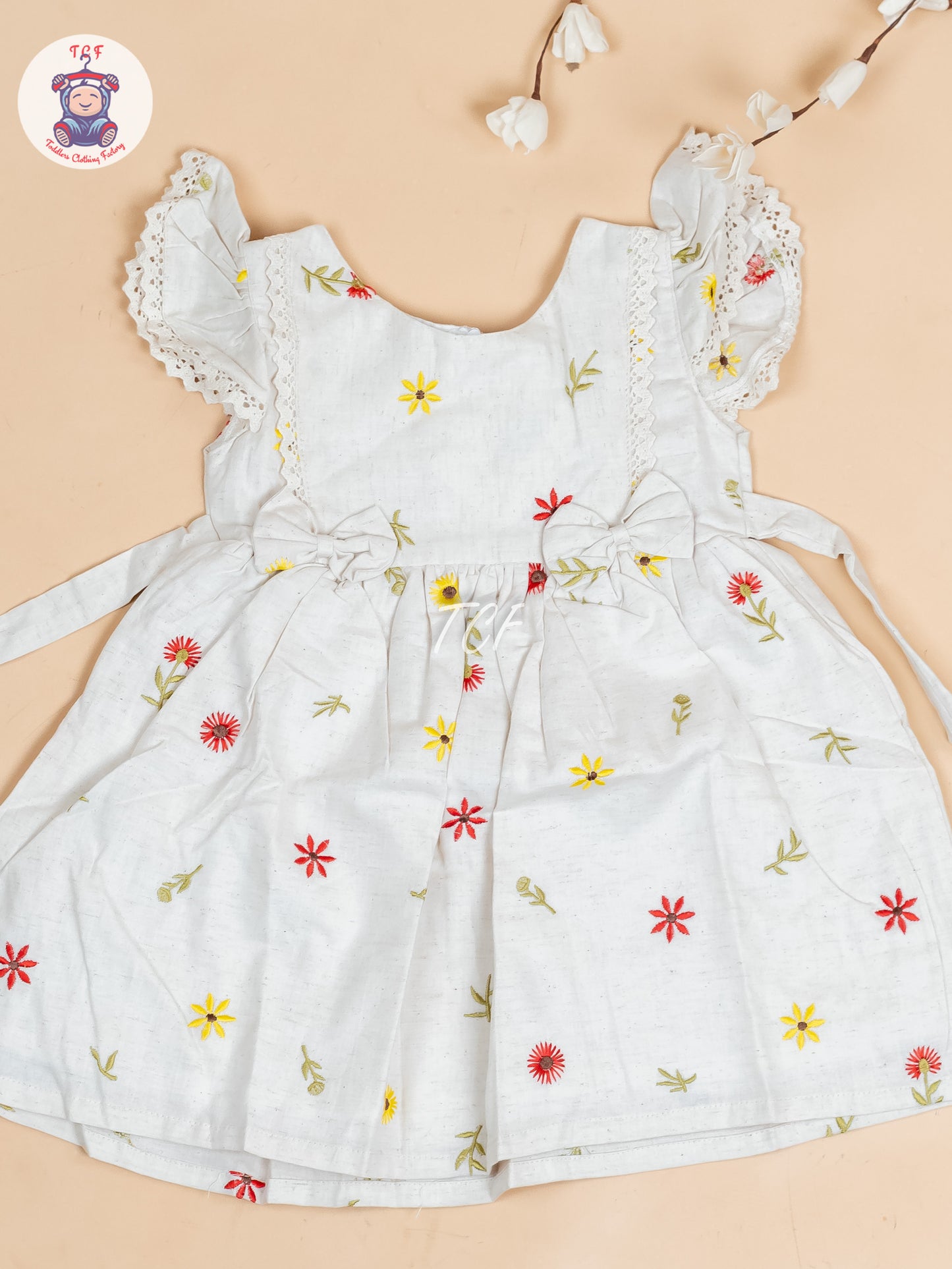 Cream Floral Printed - Girls Readymade Cotton Frocks