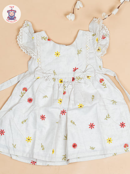 Cream Floral Printed - Girls Readymade Cotton Frocks