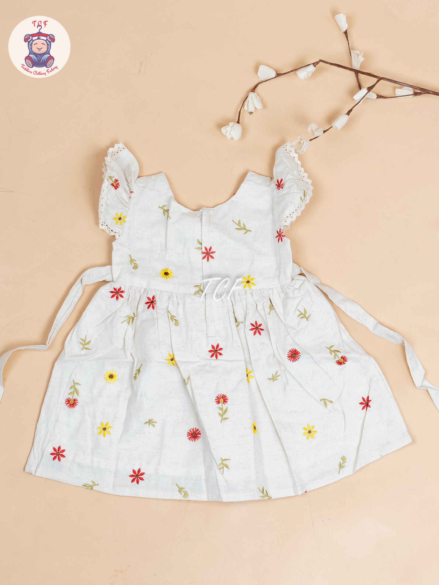 Cream Floral Printed - Girls Readymade Cotton Frocks
