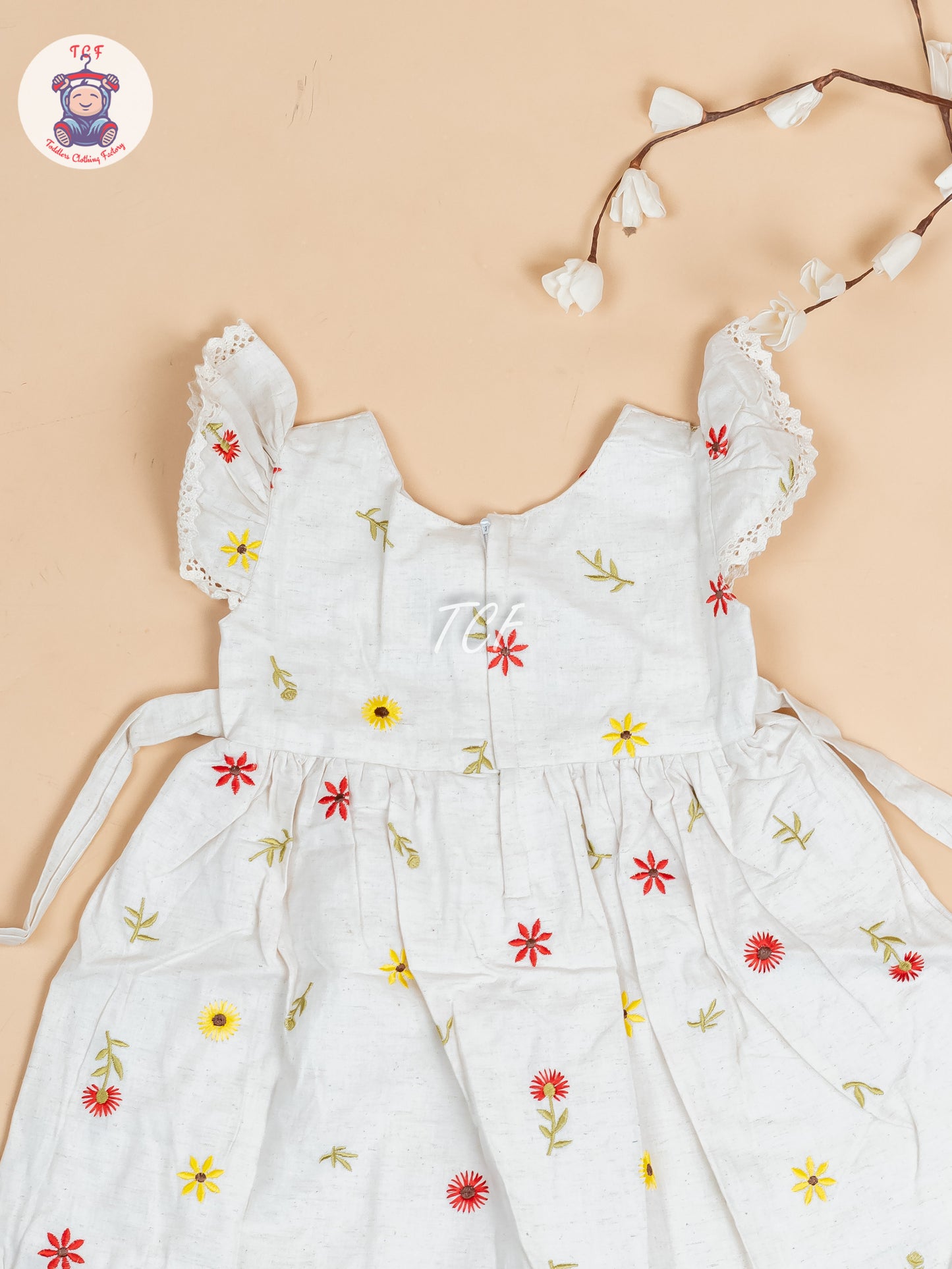 Cream Floral Printed - Girls Readymade Cotton Frocks