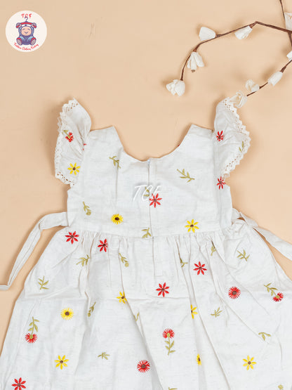Cream Floral Printed - Girls Readymade Cotton Frocks