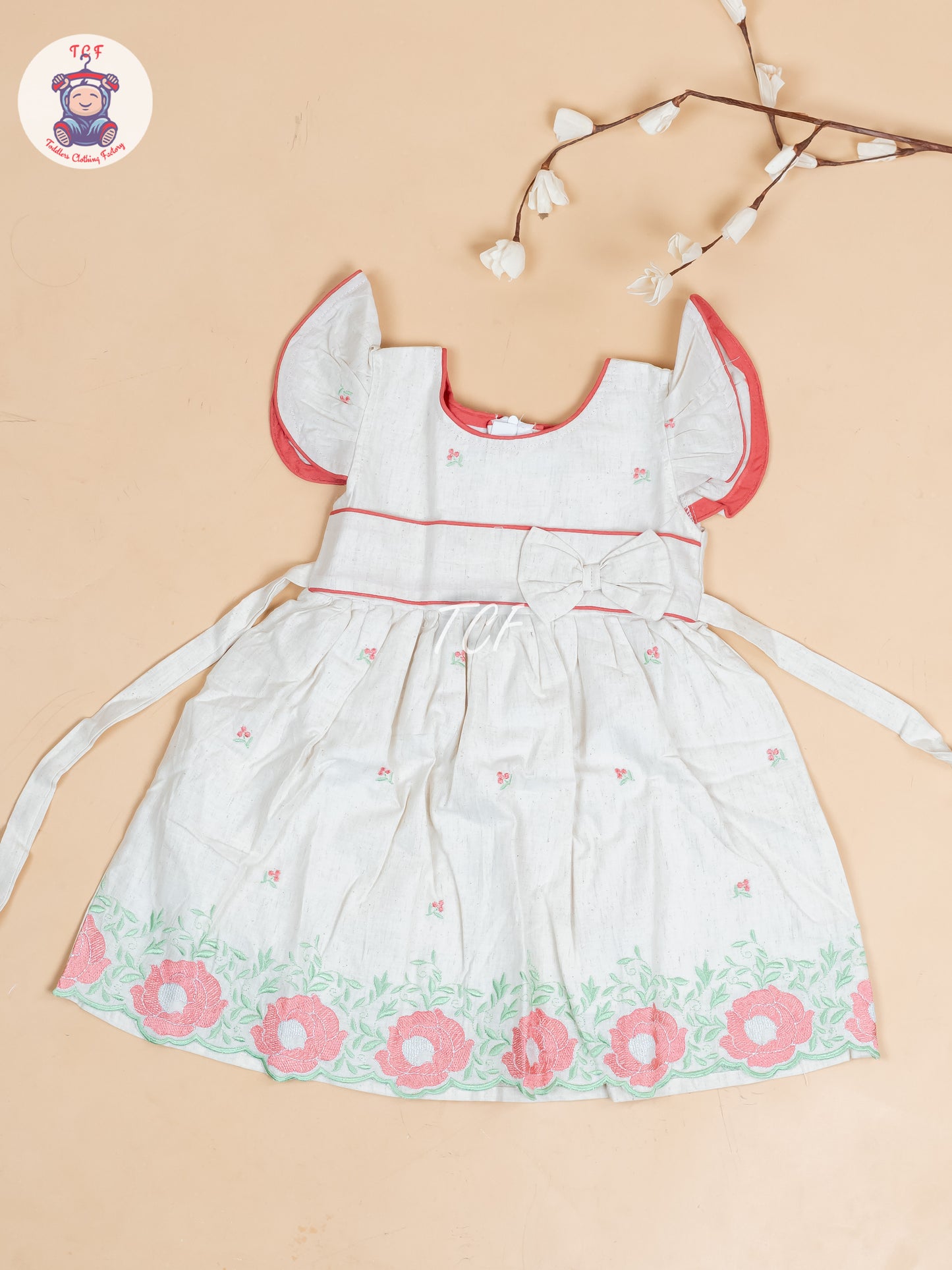 Cream & Red Embroidered - Girls Readymade Cotton Frocks