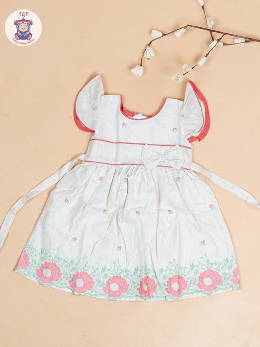 Cream & Red Embroidered - Girls Readymade Cotton Frocks