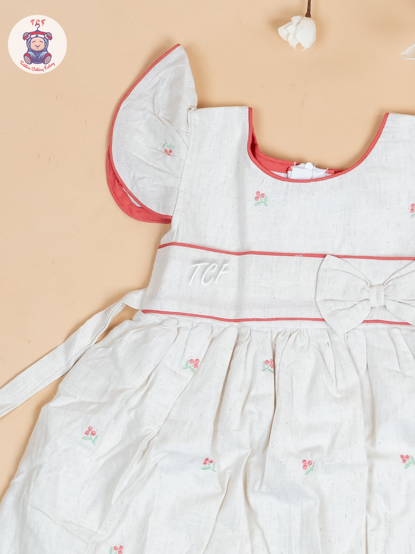 Cream & Red Embroidered - Girls Readymade Cotton Frocks