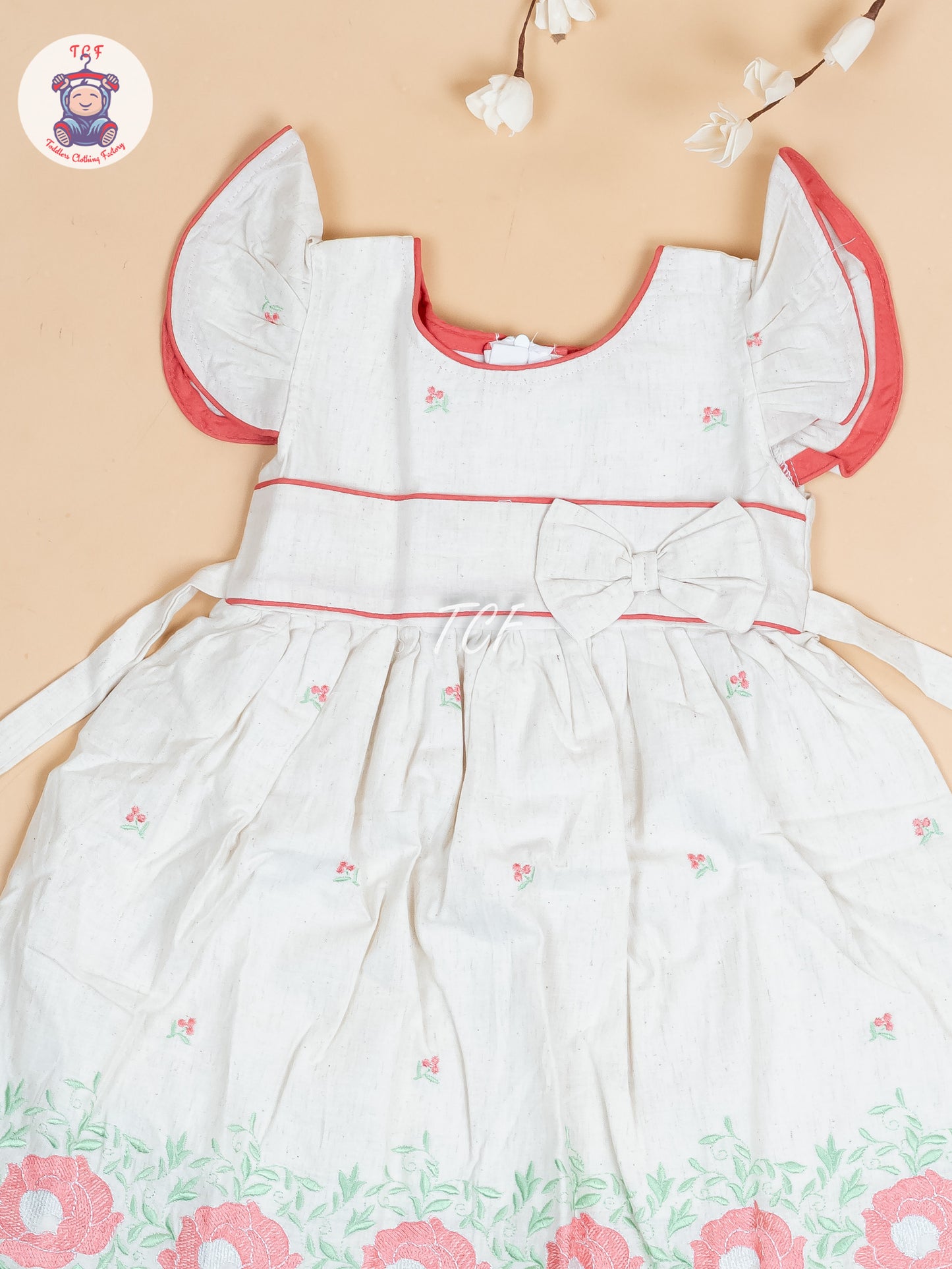 Cream & Red Embroidered - Girls Readymade Cotton Frocks