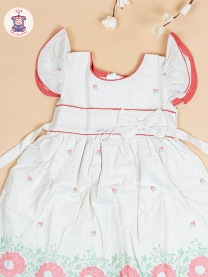 Cream & Red Embroidered - Girls Readymade Cotton Frocks
