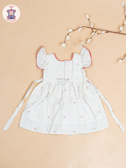 Cream & Red Embroidered - Girls Readymade Cotton Frocks