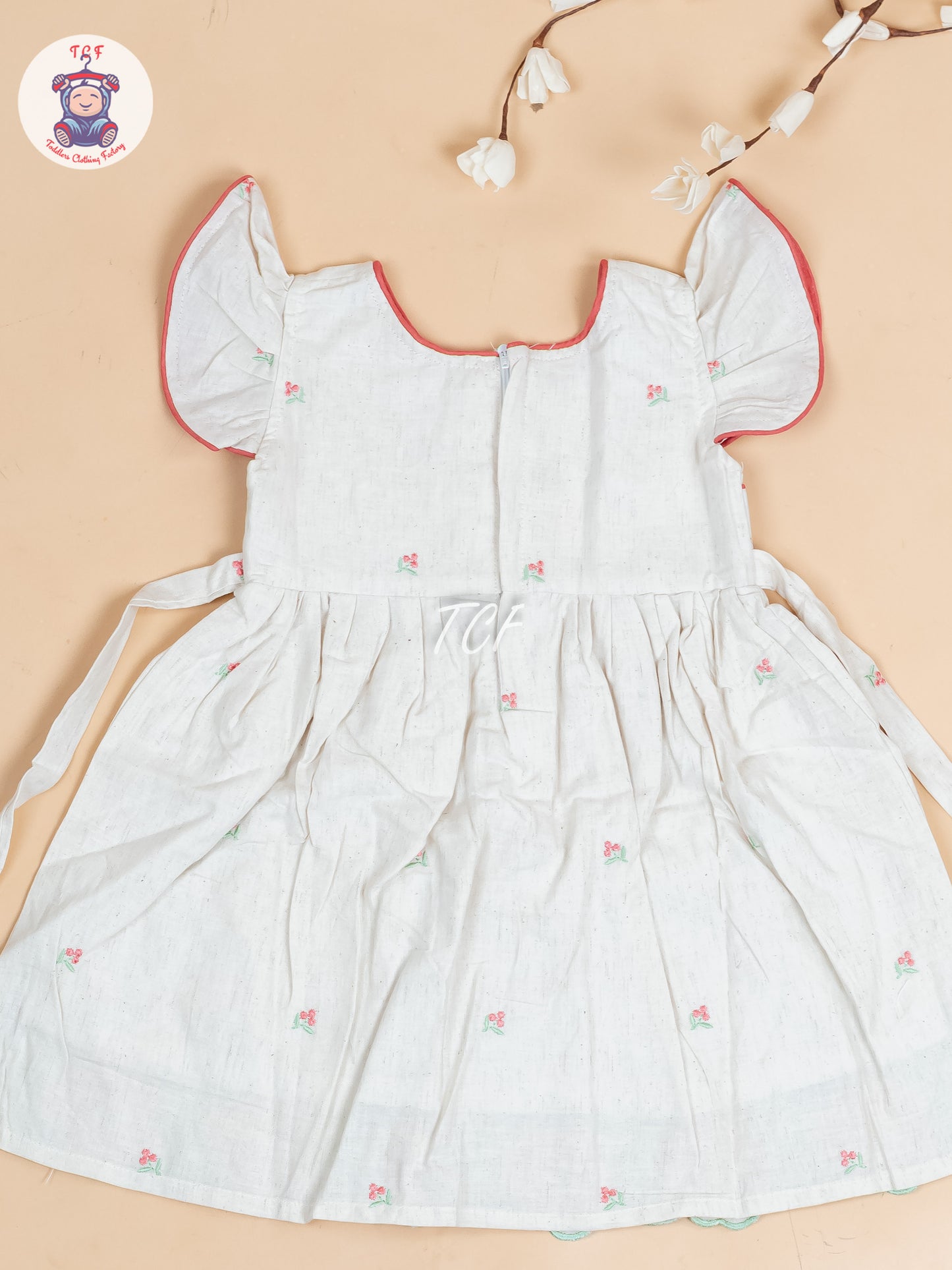 Cream & Red Embroidered - Girls Readymade Cotton Frocks