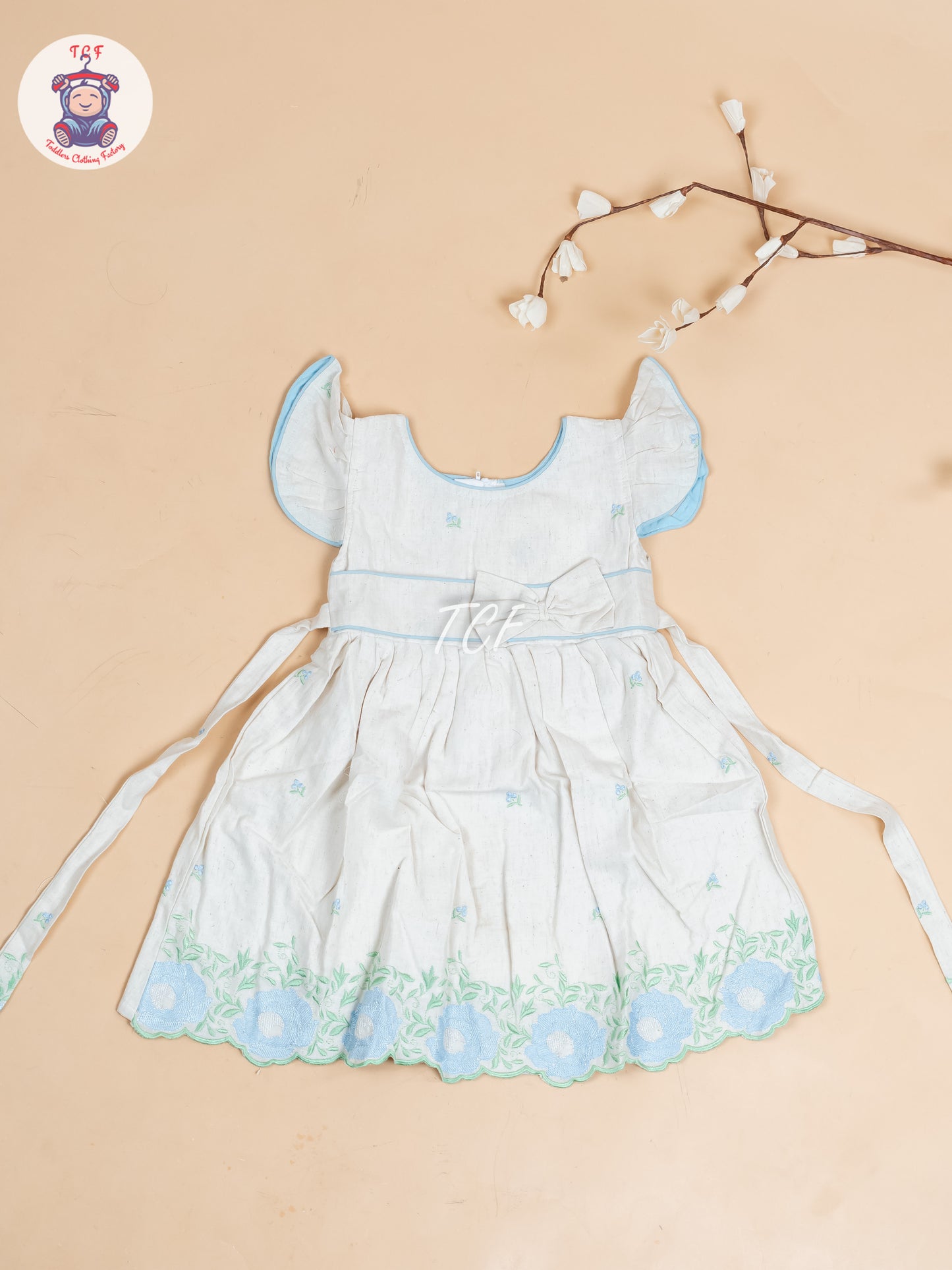Cream & Sky blue Embroidered - Girls Readymade Cotton Frocks