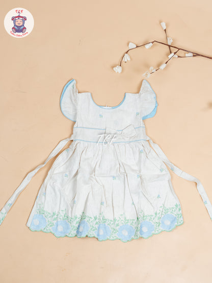 Cream & Sky blue Embroidered - Girls Readymade Cotton Frocks