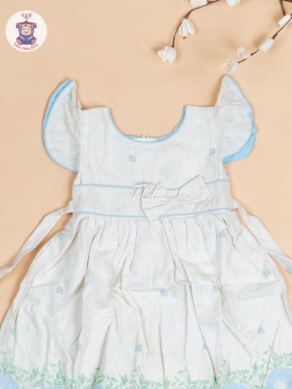 Cream & Sky blue Embroidered - Girls Readymade Cotton Frocks