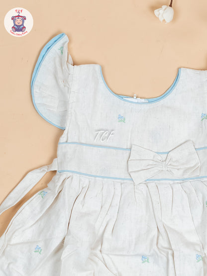 Cream & Sky blue Embroidered - Girls Readymade Cotton Frocks