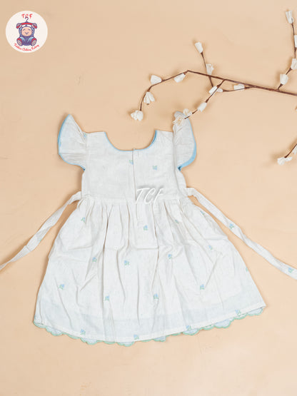 Cream & Sky blue Embroidered - Girls Readymade Cotton Frocks