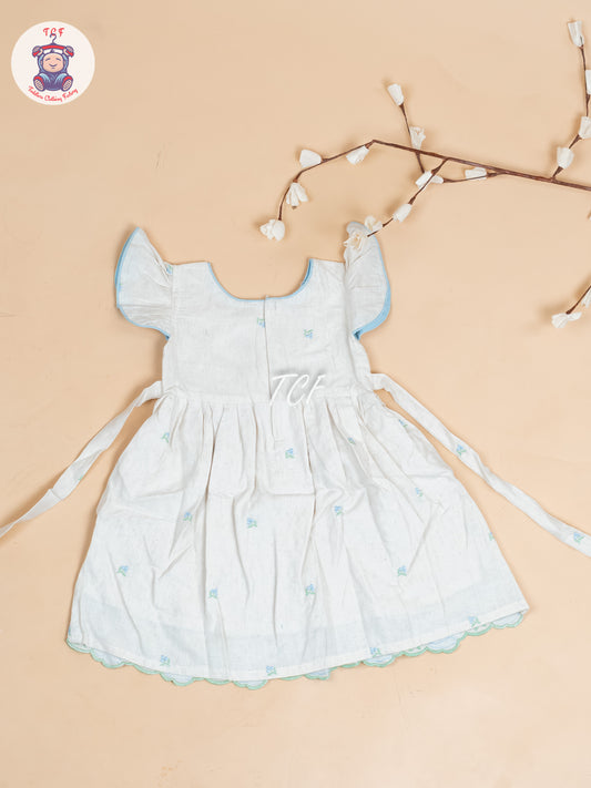 Cream & Sky blue Embroidered - Girls Readymade Cotton Frocks