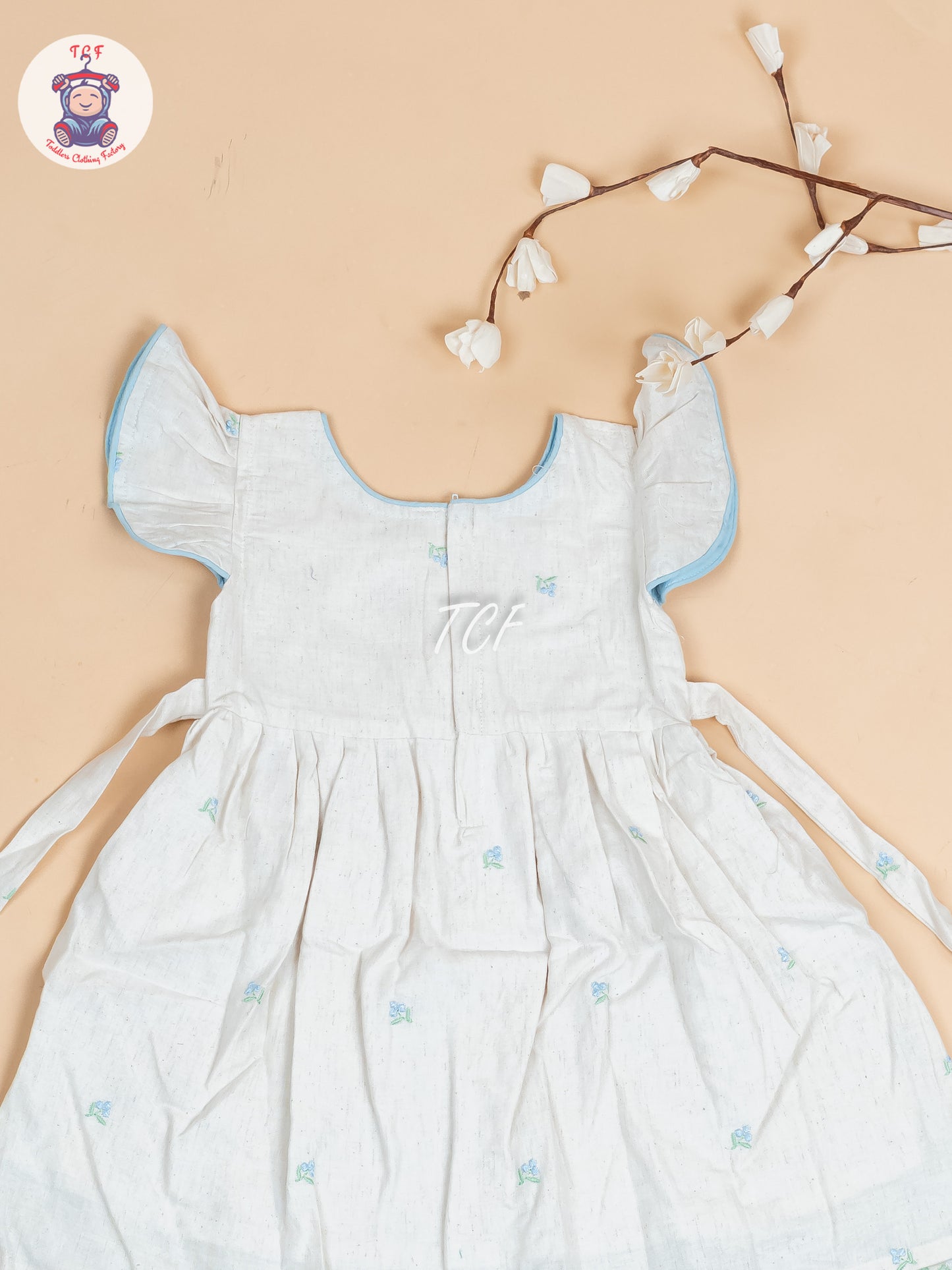 Cream & Sky blue Embroidered - Girls Readymade Cotton Frocks