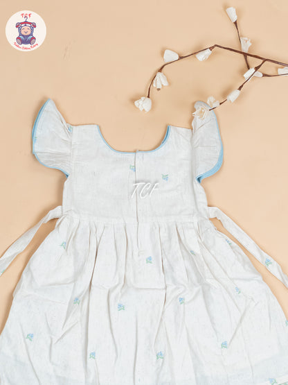 Cream & Sky blue Embroidered - Girls Readymade Cotton Frocks