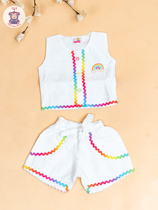 White  - Girls Raibow Printed  Top & Shorts